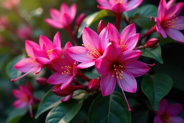 Vibrant fuchsia blossoms, intricate leaf details, bloom, magenta