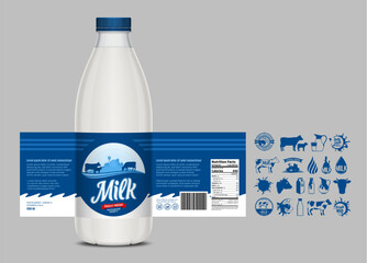 Vector milk label design, packaging design template. Milk bottle with label. Dairy icons and design elements