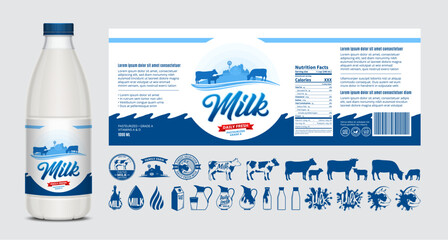 Vector milk label design, packaging design template. Milk bottle with label. Dairy icons and design elements, food banner, dairy illustrations