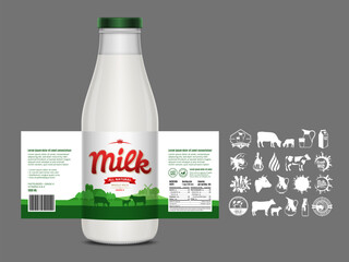 Vector milk label design, packaging design template. Milk bottle with label. Dairy icons and design elements, dairy farm illustration