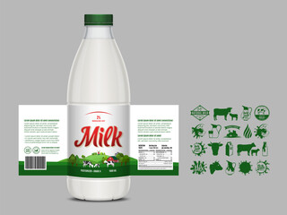 Vector milk label design, packaging design template. Milk bottle with label. Dairy icons and design elements, dairy farm illustration