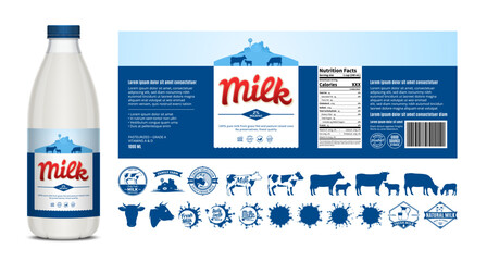 Vector milk label design, packaging design template. Milk bottle with label. Dairy icons and design elements, food banner, dairy illustrations