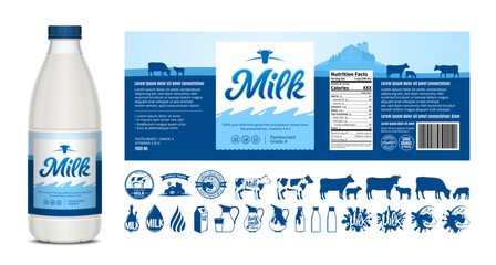 Vector milk label design, packaging design template. Milk bottle with label. Dairy icons and design elements, food banner, dairy illustrations