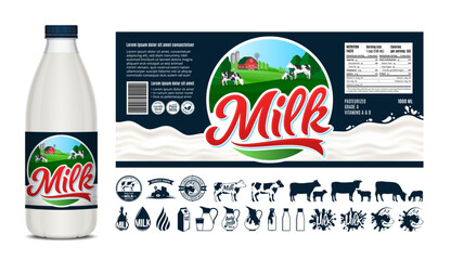 Vector milk label design, packaging design template. Milk bottle with label. Dairy icons and design elements, food banner, dairy illustrations