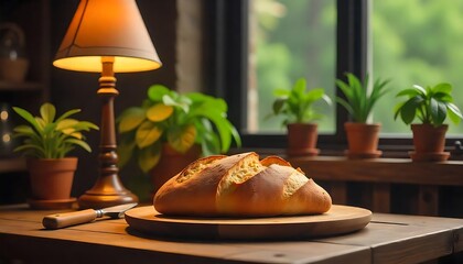 Obraz premium Warm Fresh Bread on Wooden Table with Lamp and Potted Plants