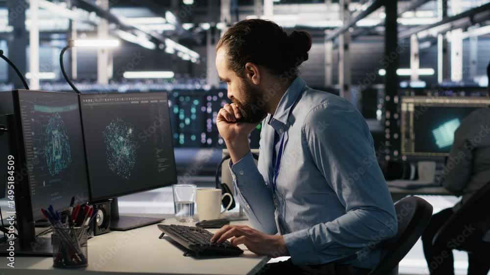 Poster data center system administrator talking with coworker in office while doing software updates. serve