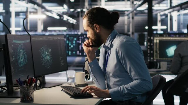 Data center system administrator talking with coworker in office while doing software updates. Server room IT expert and colleague chatting, optimizing infrastructure rackmounts configuration, camera