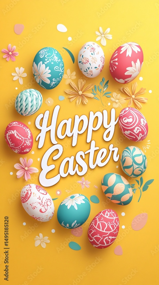 Poster colorful easter eggs with floral patterns and paper flowers forming a frame around a happy easter gr