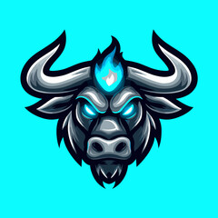 Naklejka premium Powerful esports logo featuring a fierce bull head with glowing blue eyes and horns against a vibrant blue background