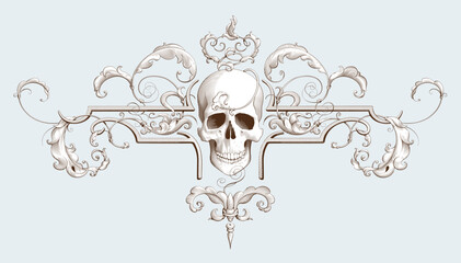 Vintage decorative engraving with Baroque ornament and skull. 