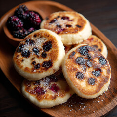 Grilled Welsh cakes with blackberries and sugar