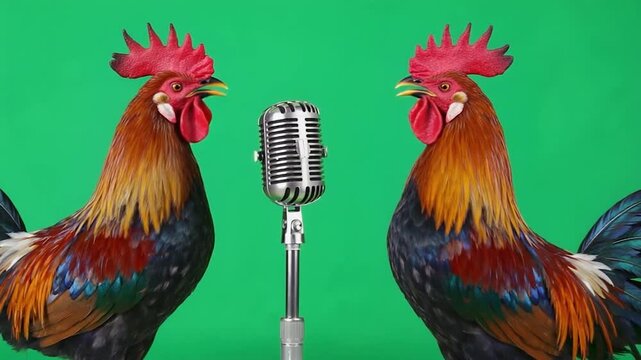 Roosters sing into retro microphone