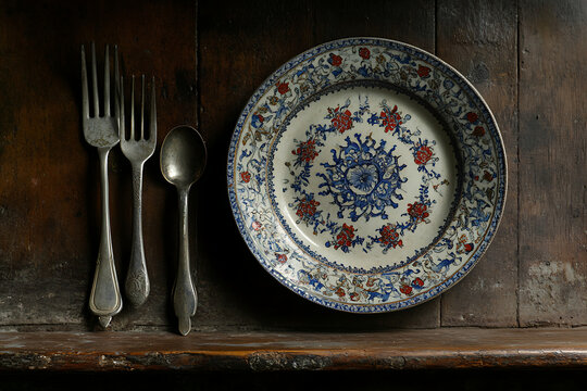 Ornate vintage plate with silverware rests on aged wood - Powered by Adobe