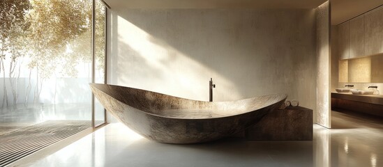 Modern, minimalist spa-like bath with natural stone