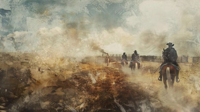 Cavalry charge through a smoky battlefield.  Dust and debris obscure the foreground