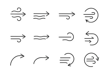 Modern vector illustration depicting various wind symbols and arrows indicating direction and movement in a dynamic, minimalistic style