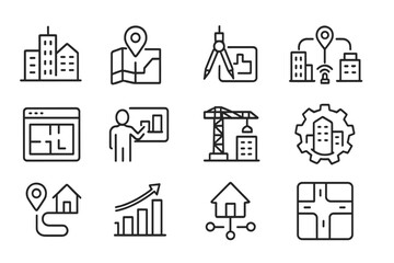 Modern vector illustration featuring urban planning symbols with buildings, maps, and construction tools