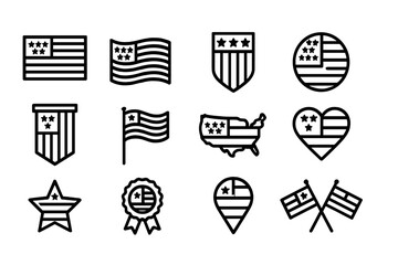Modern vector illustration featuring various patriotic symbols including flags and badges in a minimalist style