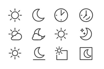 Modern vector illustration showcasing various sun, moon, and clock icons representing time throughout the day and night