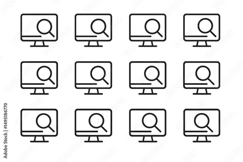 Poster modern vector illustration of multiple computer screens displaying a search icon, emphasizing techno