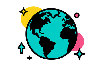 Modern vector illustration of the Earth highlighting continents with colorful geometric shapes in the background for a vibrant design aesthetic