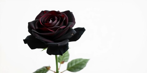 Fototapeta premium A single, velvety black rose blossoms against a stark white backdrop, petals, sharp