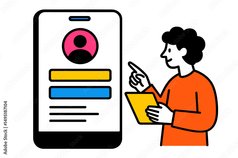 Poster modern vector illustration of a person interacting with a mobile app interface on a smartphone displ
