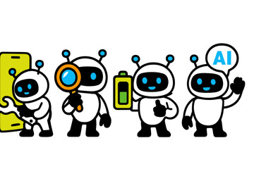 Modern vector illustration of friendly robots engaging in technology-related tasks in a cheerful and colorful environment
