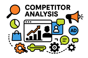 Competitor analysis graphic showcasing elements of market research and strategy in a modern vector style