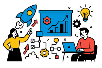 Business growth strategy development with modern vector illustration of team collaboration and creative problem solving