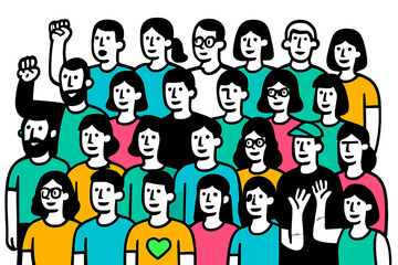 Diverse group of people with varying expressions promoting unity and community spirit in a modern vector illustration