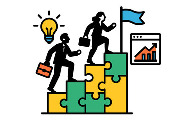 Business professionals climbing puzzle stairs towards success with ideas and growth metrics in a modern vector illustration
