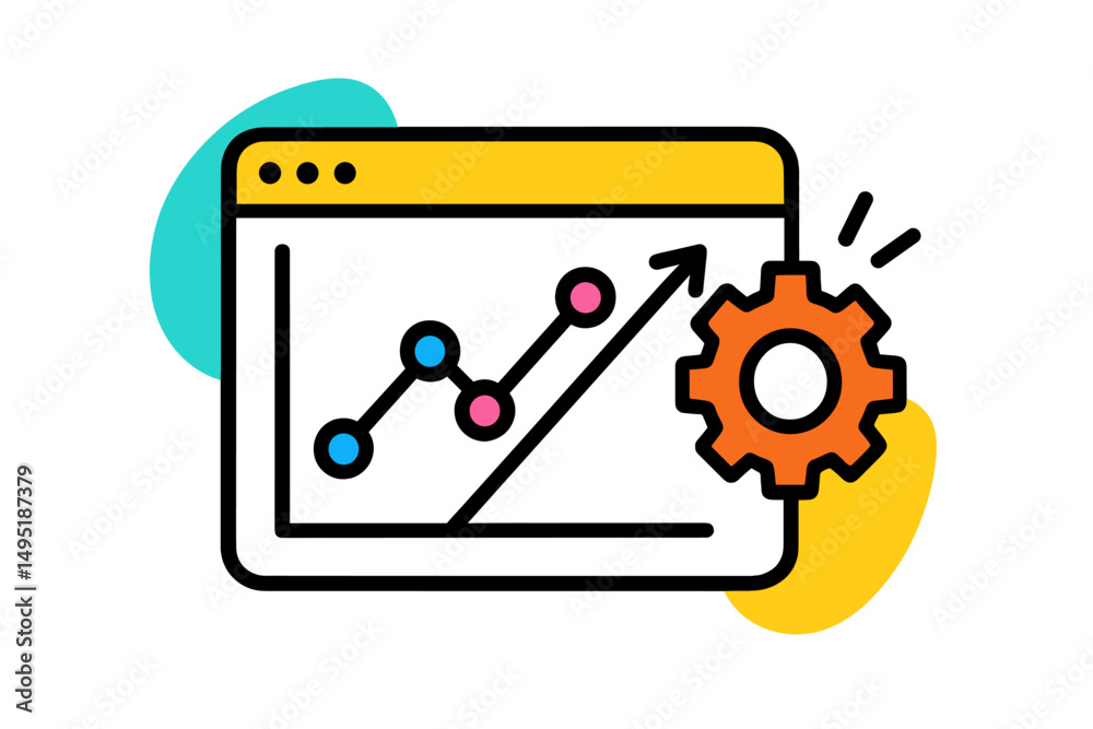 Poster modern vector illustration depicting data analysis with a positive trend and gear symbolizing optimi