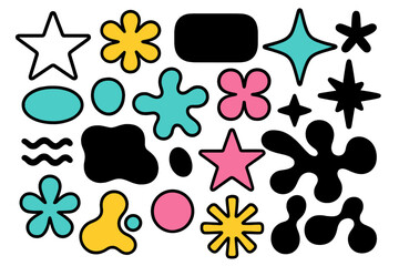 Modern vector illustration featuring colorful abstract shapes and designs in a playful arrangement on a white background