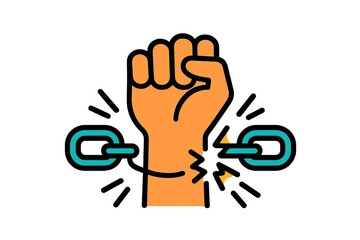 Modern vector illustration of a raised fist breaking free from chains, symbolizing empowerment and resistance