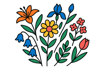 Colorful modern vector illustration of various flowers with lush green leaves set against a white background