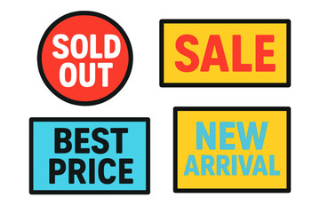 Promotional labels and tags showcasing various marketing messages in a modern vector illustration style