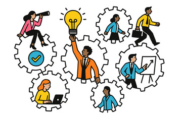 Illustration depicting teamwork with gears representing collaboration, ideas, and progress in a modern workplace environment