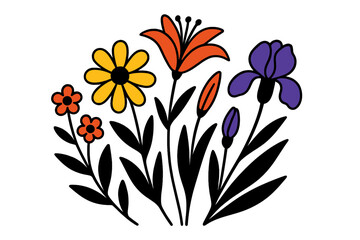 Colorful modern vector illustration of various flowers with vibrant petals and leaves on a white background