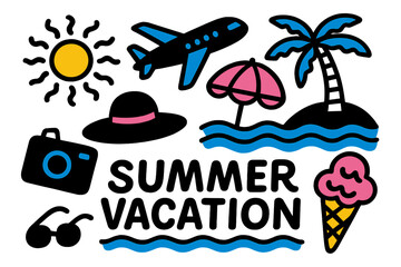 Bright and cheerful vector illustration celebrating summer vacation with travel and beach elements