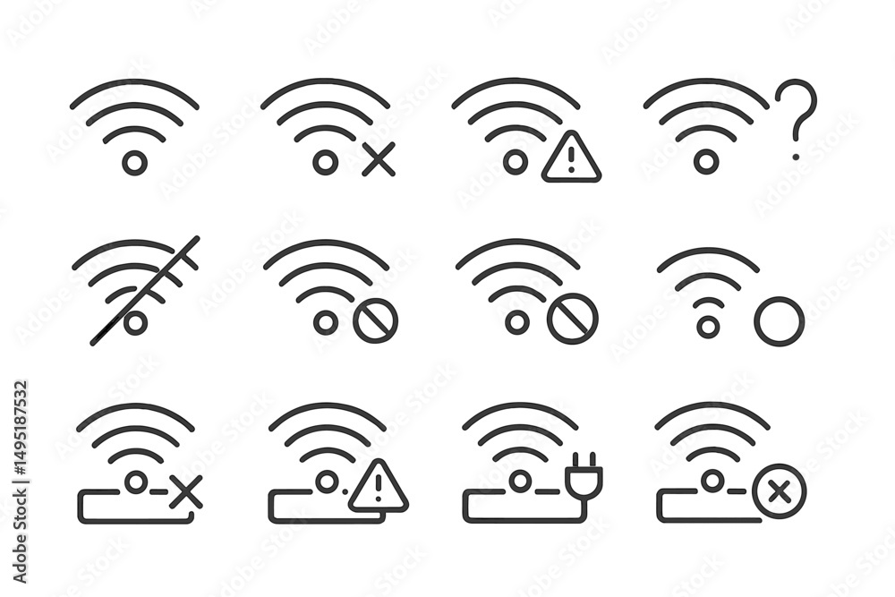 Poster vector illustration showing various wireless connectivity icons with error symbols and indicators il