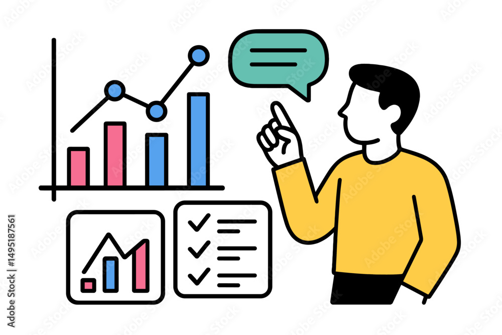 Poster modern vector illustration of a person analyzing data with charts and graphs in a professional setti