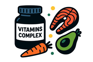 Vitamins complex with seafood, vegetables, and fruits for a balanced diet and healthy lifestyle