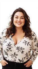 Fototapeta premium Plus-size woman standing confidently, smiling, hands in pockets, embodying body positivity
