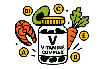 Vitamins complex education highlighting the benefits of various nutrients for health and wellness