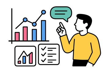 Modern vector illustration of a person analyzing data with charts and graphs in a professional setting during a business meeting