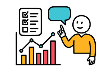 Engaging modern vector illustration of a person presenting data analysis with growth charts and checklist in a corporate setting