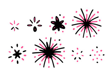 Colorful modern vector illustration of abstract starburst designs in black and pink, showcasing playful shapes and varying sizes