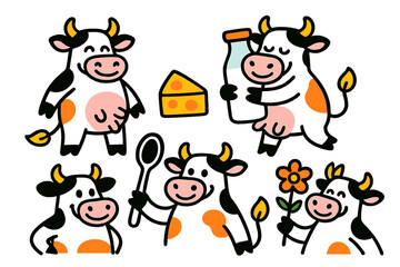 Cute vector illustration showcasing playful cows engaged in various activities related to dairy production and farming in a cheerful setting