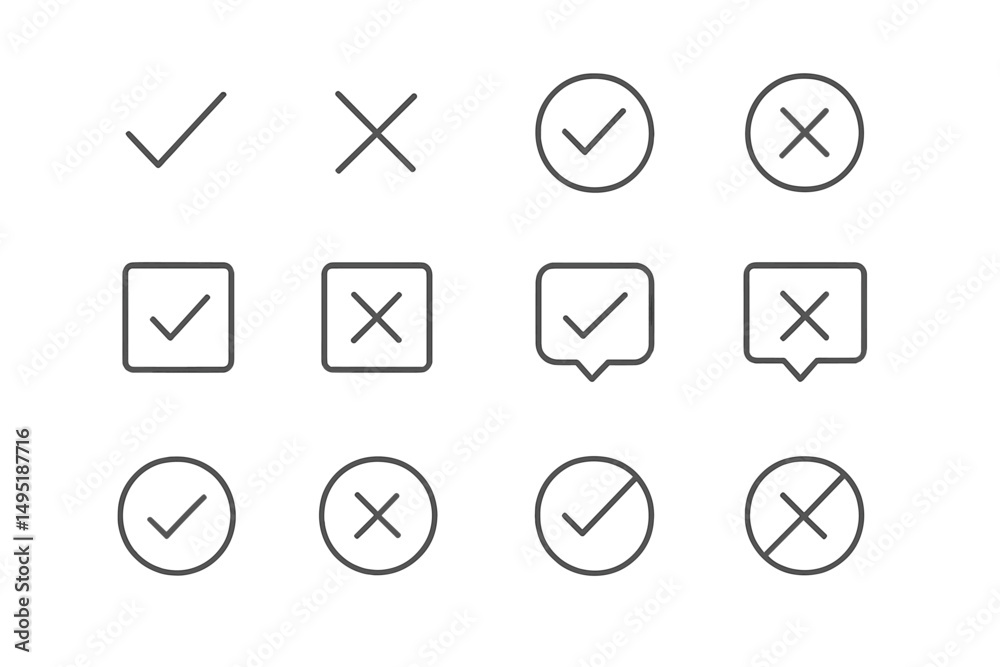 Poster vector illustration of check and cross symbols in various styles and forms for use in digital design